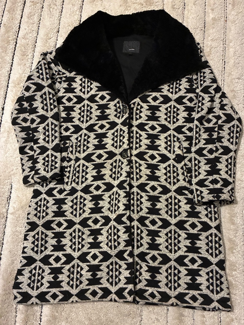 Steve Madden Black and Cream Patterned Trench Coat with Faux Fur Collar